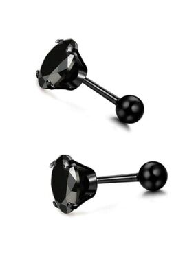 Black CZ Barbell Earrings Black Stainless Steel Studs 20G 5mm